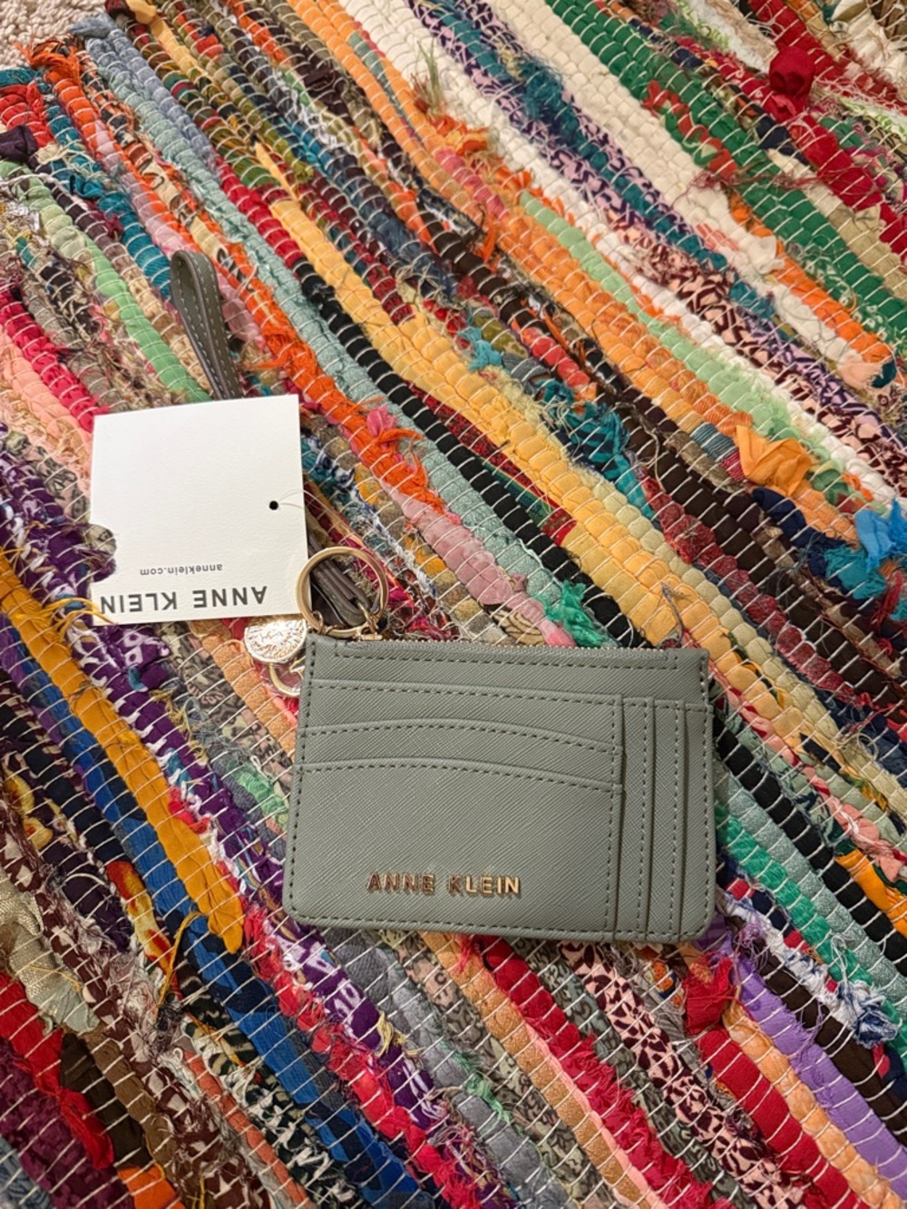 Anne Klein Sage Green Leather Card Holder with Gold Key Ring
